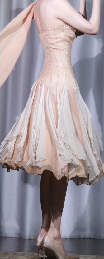 ✨Girlhomeshops-Nude Spaghetti Strap Sweetheart Chiffon Dress Boned Beaded Midi Ruffle Party Gown gh10056