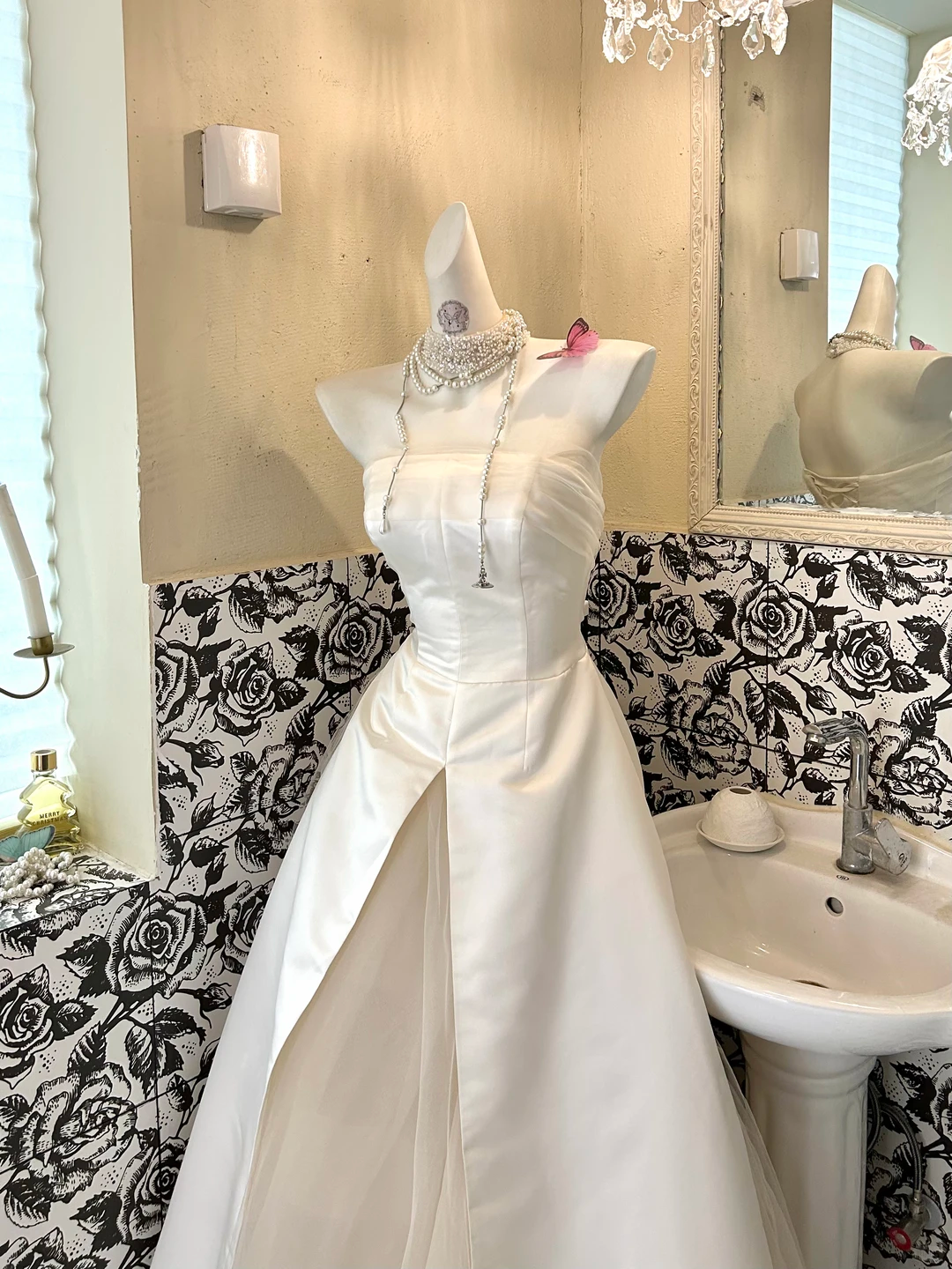 White Strapless Waist-Cinched Slit Sexy A-Line Skirt Romantic Dress, Wedding Gown gh7615