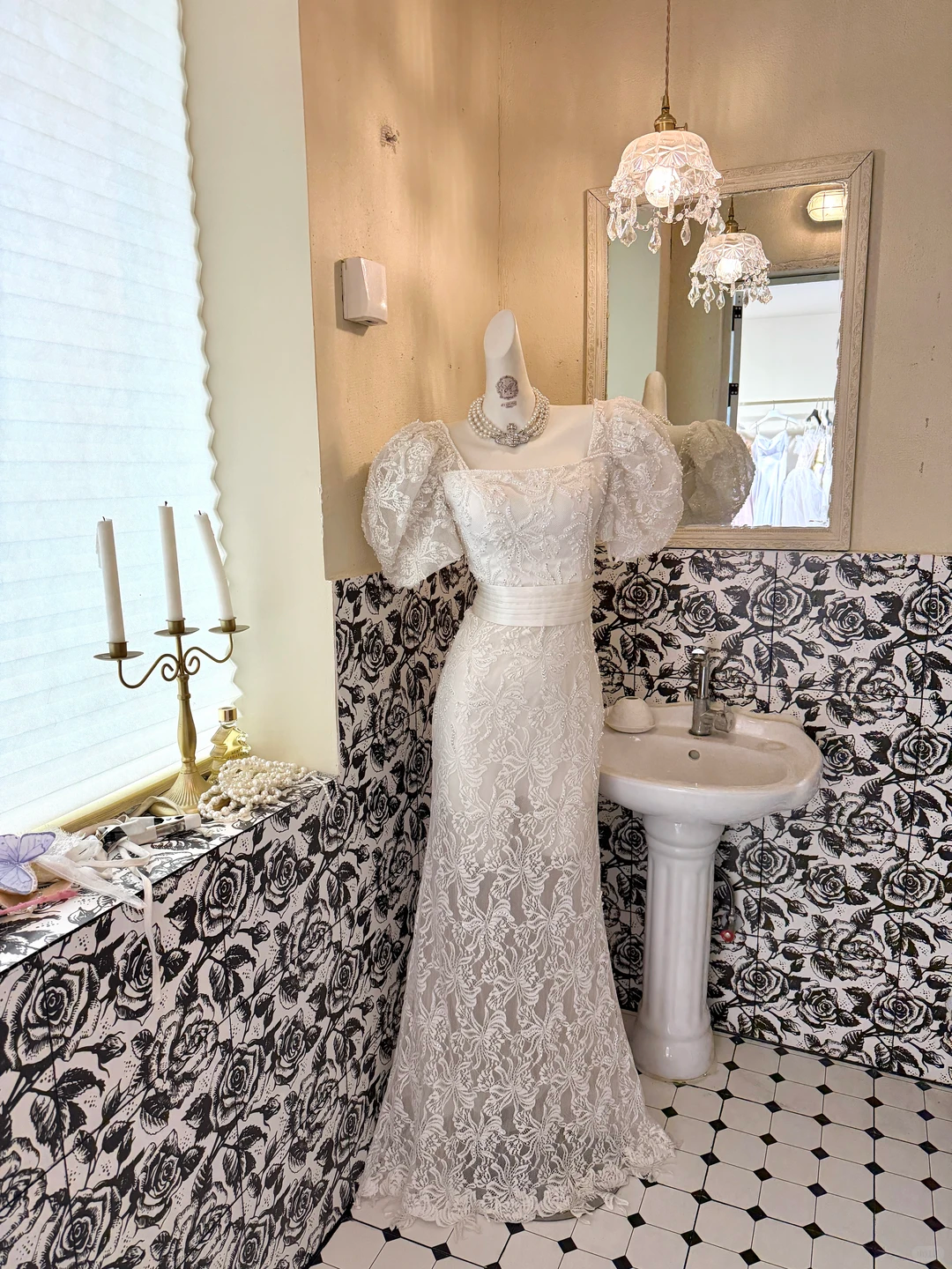 White Lace Vintage Puff Sleeve Square Neck Waist-Cinched Figure-Flattering Sexy Bodycon Romantic Dress, Wedding Gown gh7759