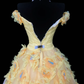 Yellow Off‑the‑Shoulder Princess Ball Gown, White Lace Applique Bodice, 3D Fabric Floral Ornaments, Lace Overlay Trim, Multi‑Layer Ruffled Chiffon Skirt, Cosplay Prom Dress gh8907