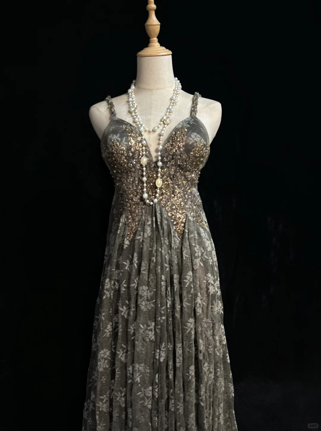 ✨Girlhomeshops-Coffee Spaghetti Strap Beaded Mermaid Gown Floral Sheer Mesh Overlay gh10151