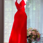 Bright Red Chiffon Long Evening Gown, V Neck Ruched Bodice with Rhinestone Wide Straps, Flowy Maxi Formal Prom Dress gh9493