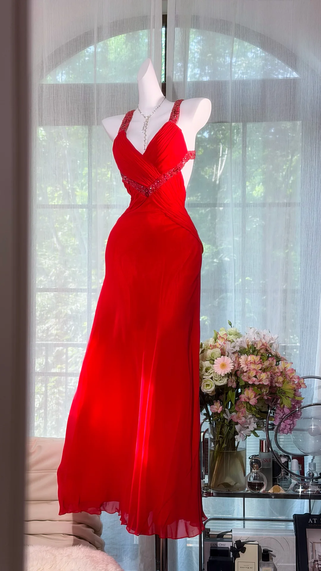 Bright Red Chiffon Long Evening Gown, V Neck Ruched Bodice with Rhinestone Wide Straps, Flowy Maxi Formal Prom Dress gh9493