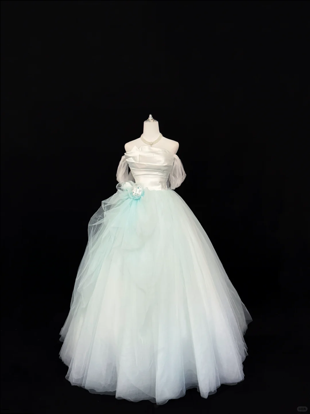 White Off-the-Shoulder Satin Light Green Voluminous Tulle Skirt Long Romantic Dress, Wedding Gown gh7840