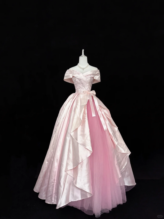 Blush Pink Satin Cinched Waist Elegant Luxury Voluminous Skirt Long Romantic Dress, Wedding Gown gh7876