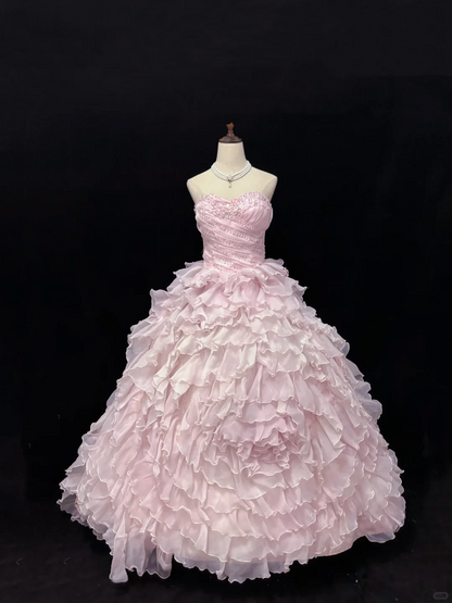 Blush Pink Strapless Romantic Gown Embellished with Rhinestones, Cinched Waist, Fluffy Tiered Skirt, Wedding Dress & Bridal Gown gh8184
