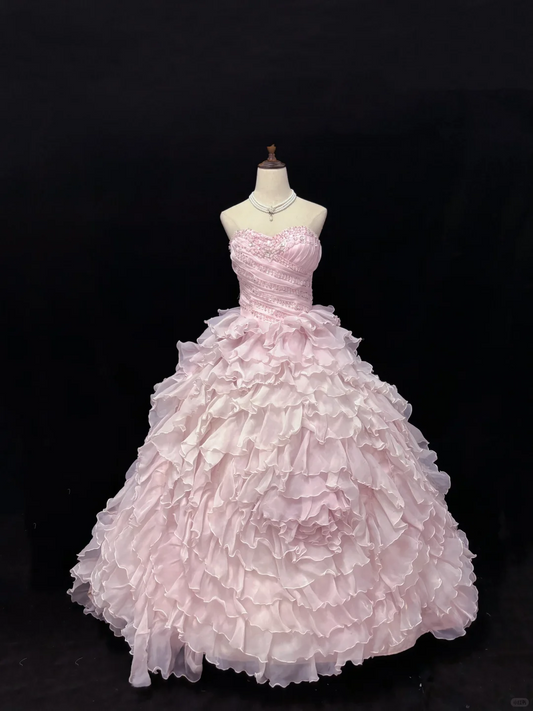 Blush Pink Strapless Romantic Gown Embellished with Rhinestones, Cinched Waist, Fluffy Tiered Skirt, Wedding Dress & Bridal Gown gh8184