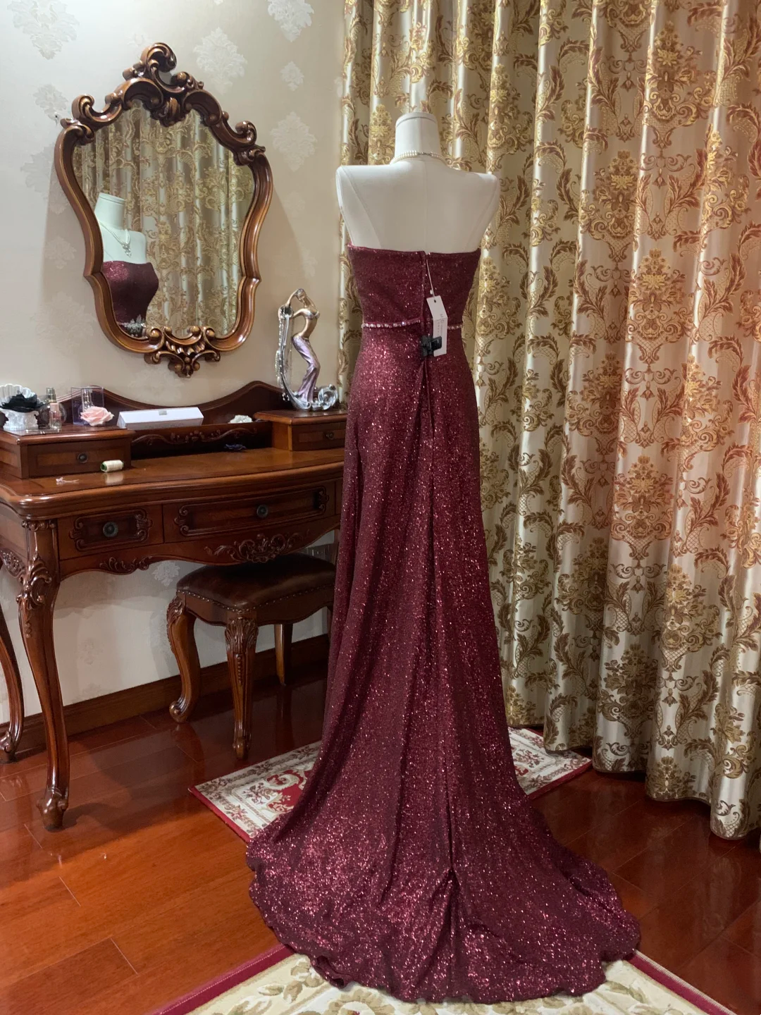 Dark Red Sequin Strapless Fitted Waist Long Prom Gown, Evening Party Dress gh7275