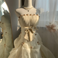 Ivory Strapless Pleated Bodice Wedding Gown Large Satin Bow 3D Floral Ruffled Organza Bridal Dress gh9460