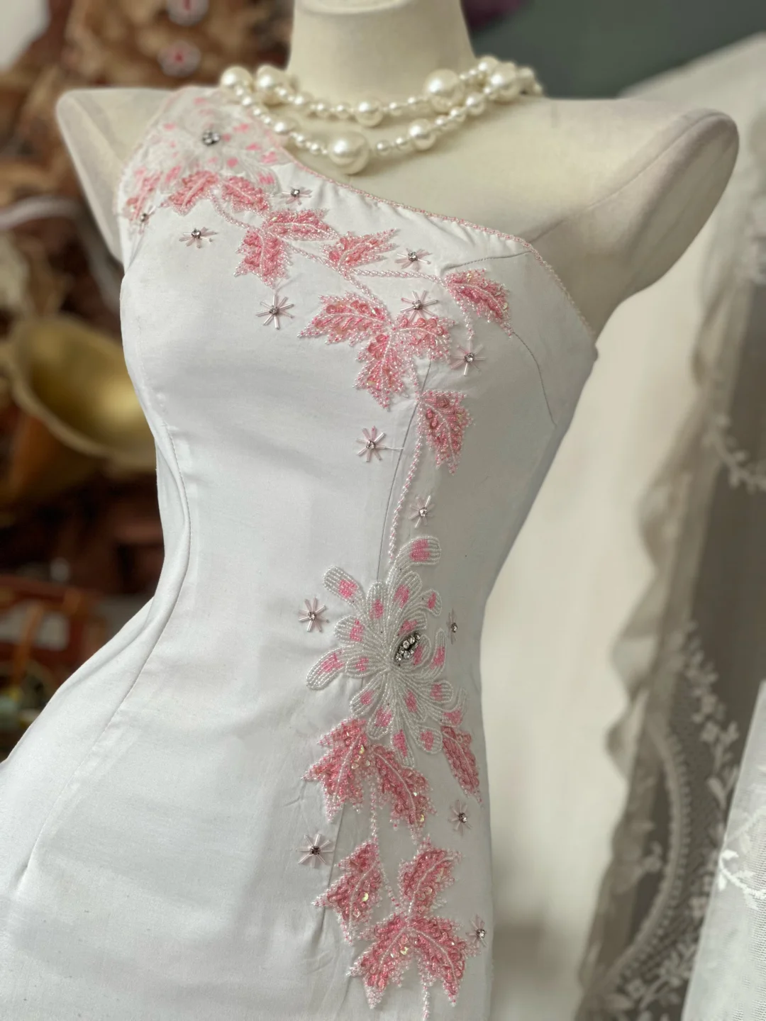 White One-Shoulder Fitted Waist Slim Beaded Elegant Long Prom Dress, Evening Gown gh7201