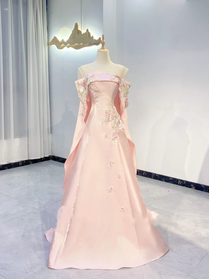 Light Pink Satin Waist-Cinched Fitted Elegant Long Evening Dress, Fairy Gown, Romantic Gown gh7392