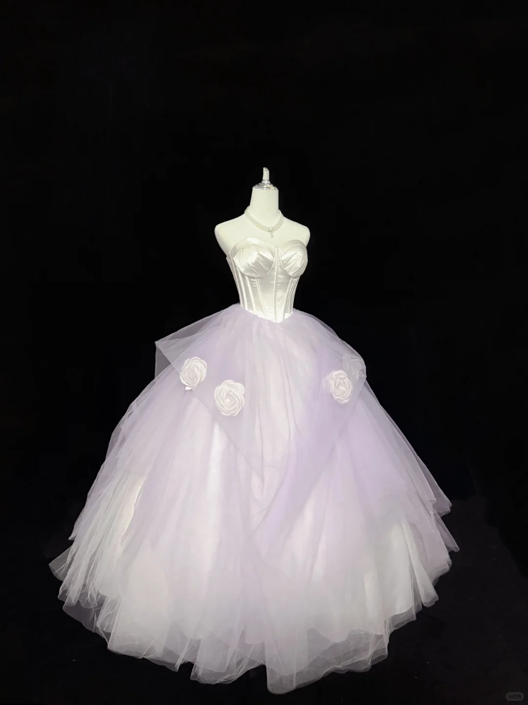 White Satin Strapless Cinched Waist Lavender Voluminous Skirt Long Romantic Dress, Wedding Gown gh7924