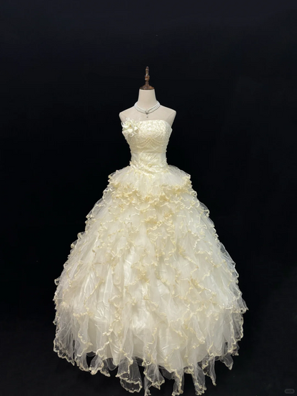 Light Yellow Strapless Beaded Cinched Waist Voluminous Tiered Skirt Long Romantic Dress, Wedding Gown gh7964