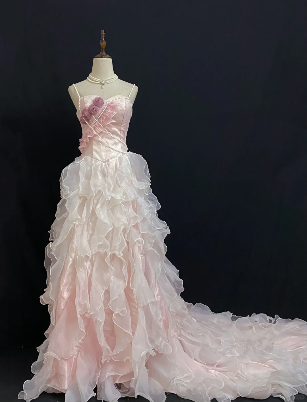 Blush Pink Strapless Romantic Sexy Gown With Floral Appliqués, Fitted Waist & Long Slit Skirt, Wedding Dress & Bridal Gown gh8275