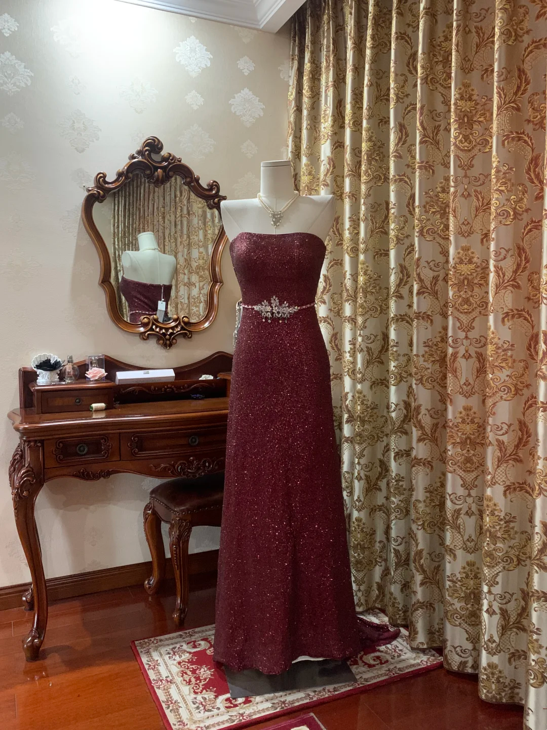Dark Red Sequin Strapless Fitted Waist Long Prom Gown, Evening Party Dress gh7275