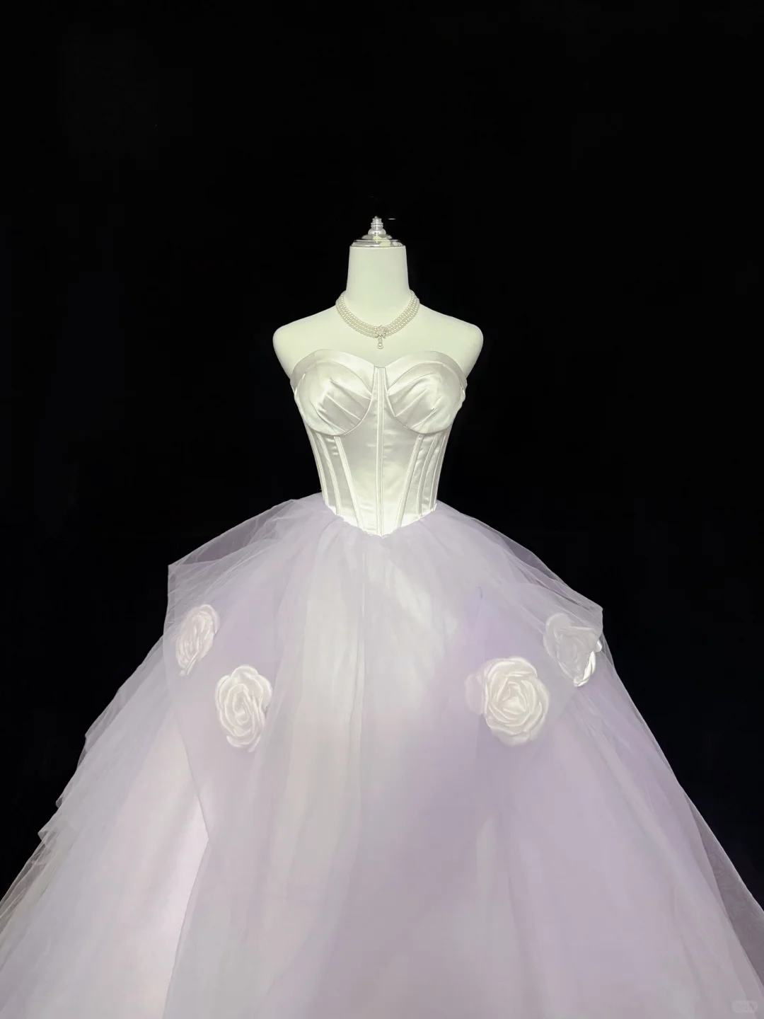 White Satin Strapless Cinched Waist Lavender Voluminous Skirt Long Romantic Dress, Wedding Gown gh7924