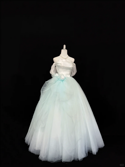 White Off-the-Shoulder Satin Light Green Voluminous Tulle Skirt Long Romantic Dress, Wedding Gown gh7840