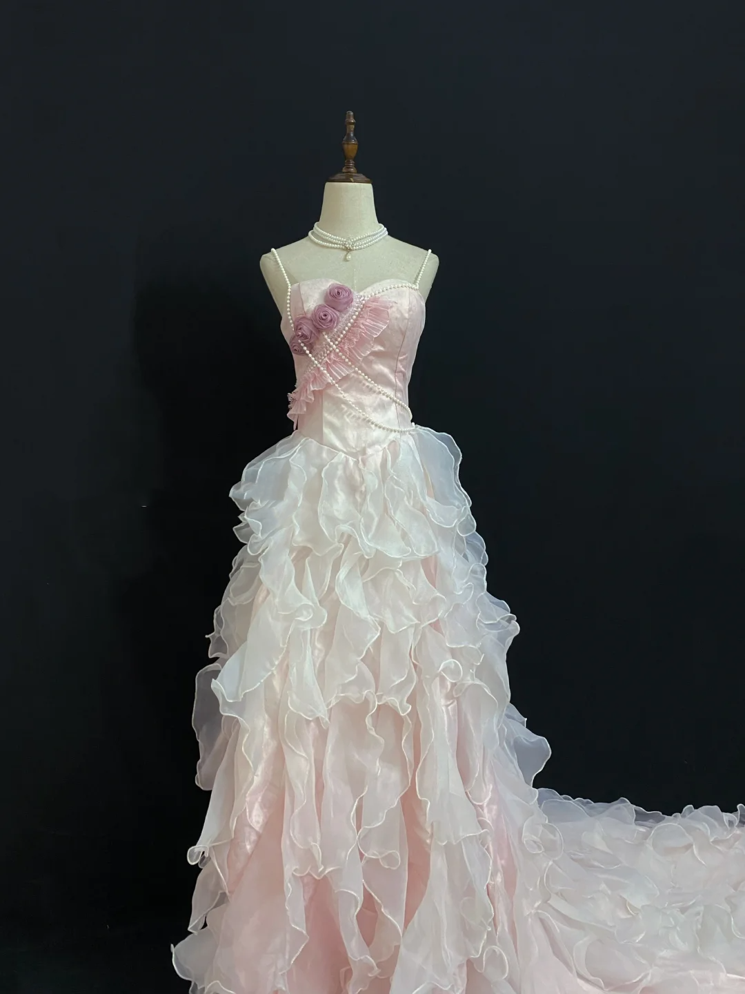 Blush Pink Strapless Romantic Sexy Gown With Floral Appliqués, Fitted Waist & Long Slit Skirt, Wedding Dress & Bridal Gown gh8275