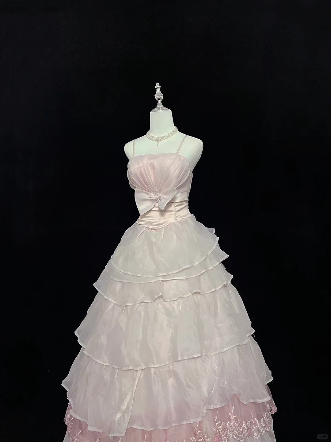 Blush Pink Spaghetti Straps Cinched Waist Voluminous Tiered Skirt Romantic Dress, Wedding Gown gh8010