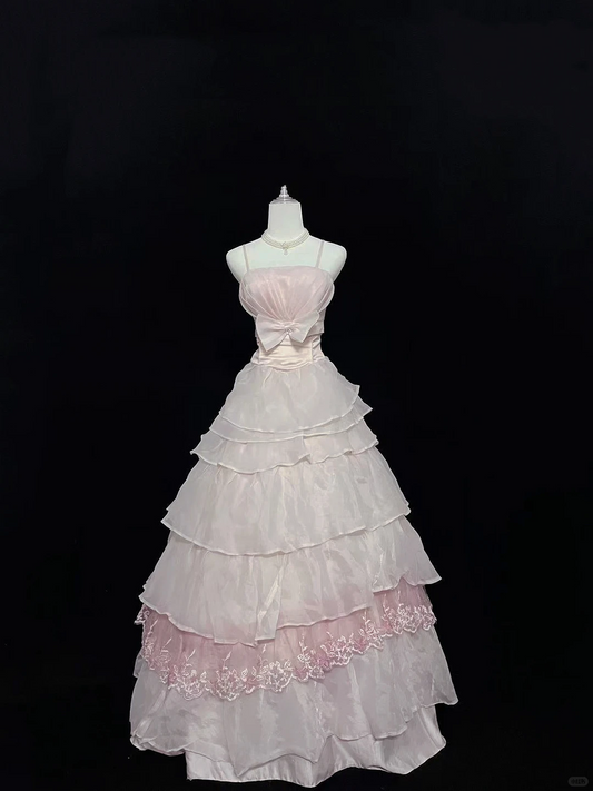 Blush Pink Spaghetti Straps Cinched Waist Voluminous Tiered Skirt Romantic Dress, Wedding Gown gh8010
