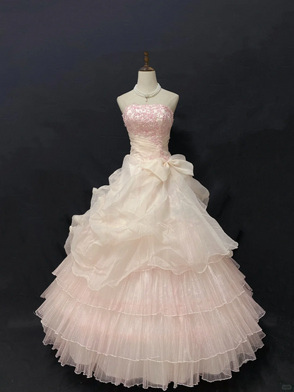Blush pink strapless embroidered romantic gown with cinched waist and voluminous princess skirt, wedding dress & bridal gown gh8229