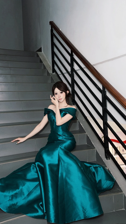 Peacock Green Off-Shoulder Waist-Cinched Fitted Luxury Satin Sexy Long Evening Dress, Fairy Gown, Romantic Gown gh7473