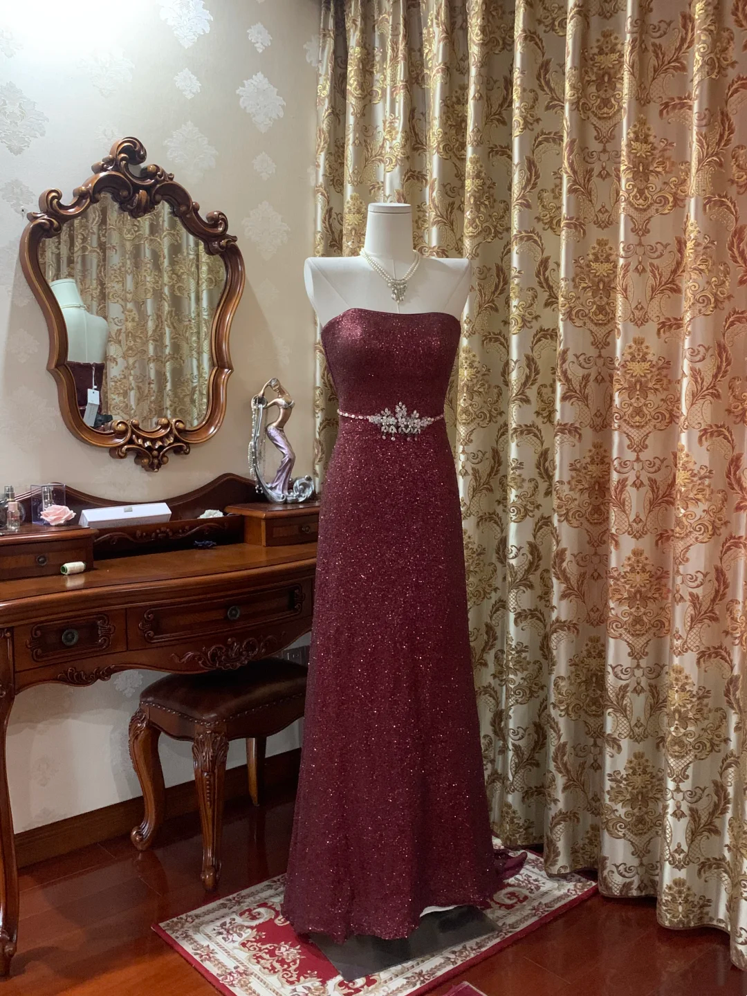 Dark Red Sequin Strapless Fitted Waist Long Prom Gown, Evening Party Dress gh7275