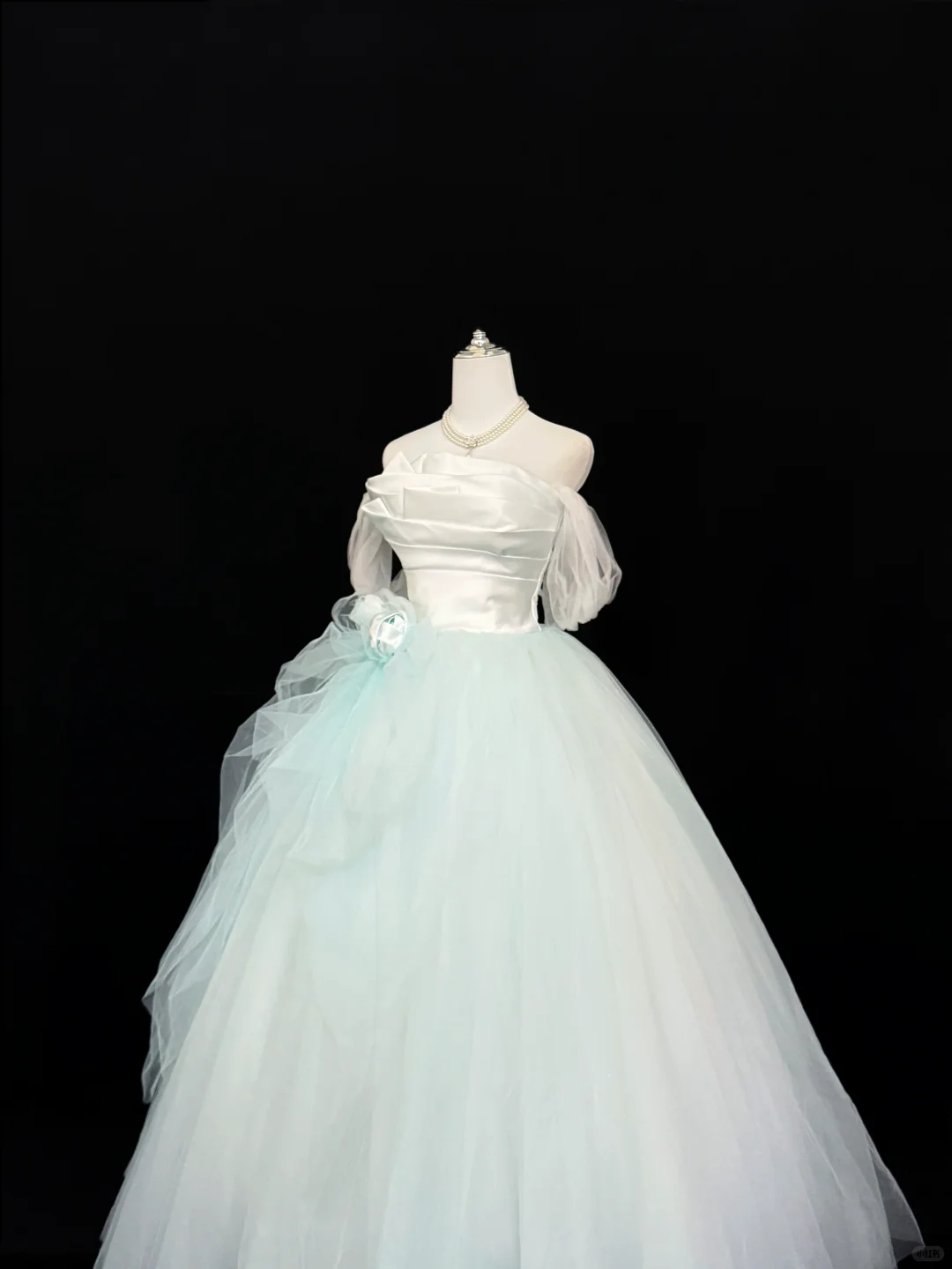 White Off-the-Shoulder Satin Light Green Voluminous Tulle Skirt Long Romantic Dress, Wedding Gown gh7840