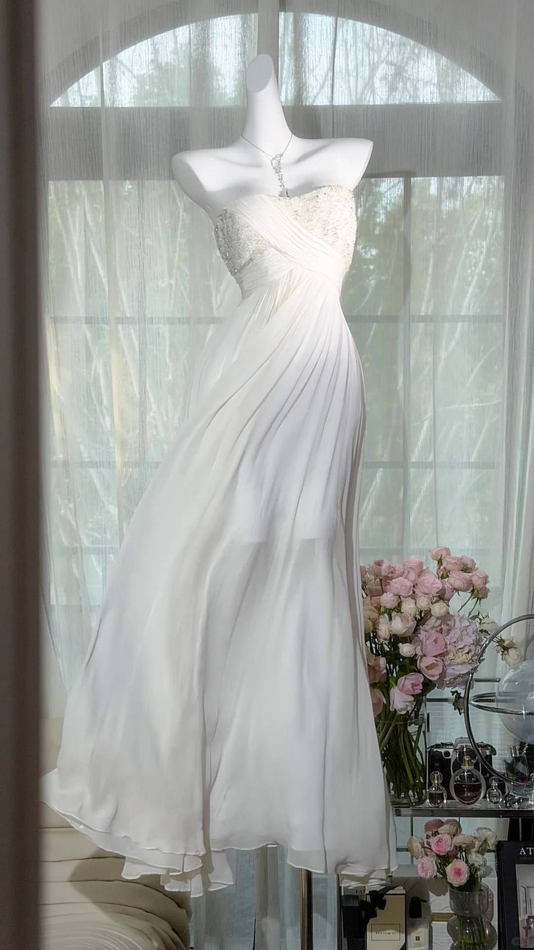 White Strapless Sweetheart Heavy Beaded High Waist Chiffon A-Line Evening Dress, Prom Gown gh9520