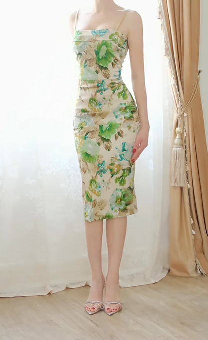 Women Midi Bodycon Cocktail Dress Spaghetti Straps Straight Neck Green Watercolor Floral Print Ruched Formal Gown gh9576