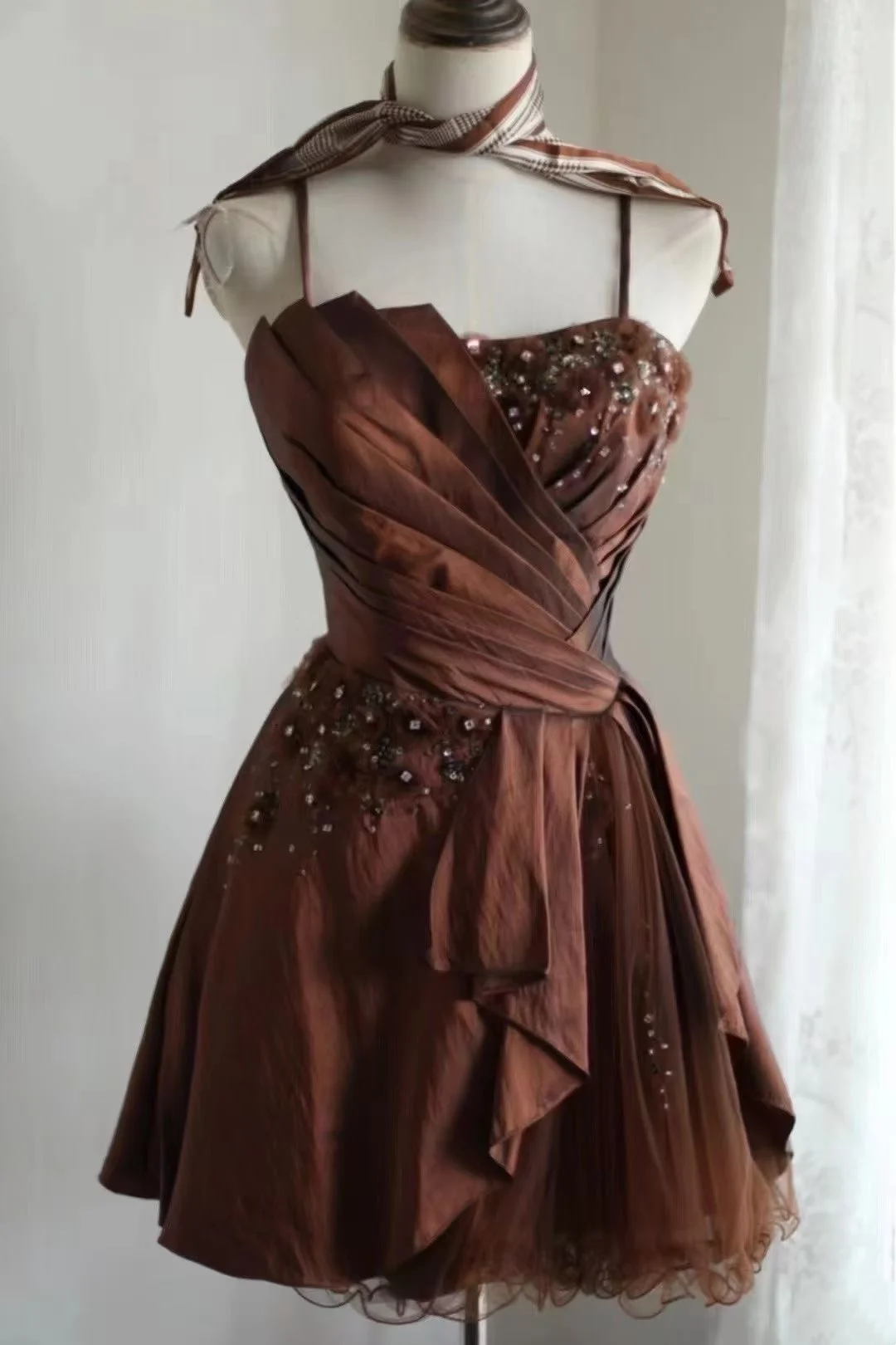 Brown Slim Waist Retro Sexy Halter Dress, Evening Party Gown gh7130