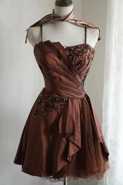 Brown Slim Waist Retro Sexy Halter Dress, Evening Party Gown gh7130