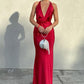 Red simple elegant V-neck long sexy satin ball gown evening dress wedding guest dress gh3055