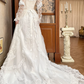 Ivory Vintage Lace Wedding Gown, Cut‑out High Neck With Keyhole V‑Detail, Puff Lace Long Sleeves With Tiered Ruffle Cuffs, Floral Lace Appliqué Waistband, A‑Line Multi‑Tier Ruffle Lace Long Train, Prom Dress gh8650