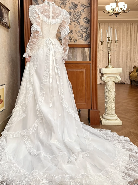 Ivory Vintage Lace Wedding Gown, Cut‑out High Neck With Keyhole V‑Detail, Puff Lace Long Sleeves With Tiered Ruffle Cuffs, Floral Lace Appliqué Waistband, A‑Line Multi‑Tier Ruffle Lace Long Train, Prom Dress gh8650