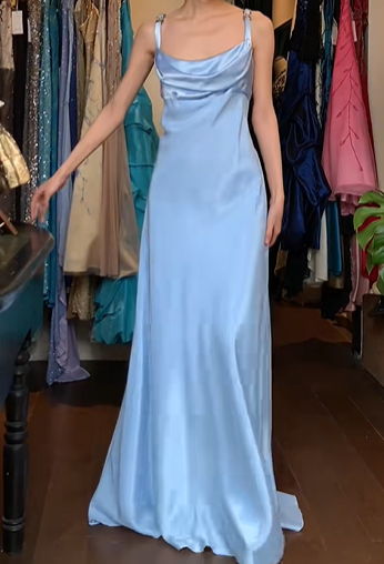Light Blue Satin Prom Dress Cowl Neck Rhinestone Straps Column Long Evening Gown Bridesmaid Dress gh9623