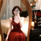 Burgundy One‑Shoulder Corset Evening Gown, 3D Rose Applique Tiered Ruffle Cake Tulle Prom Dress gh9139