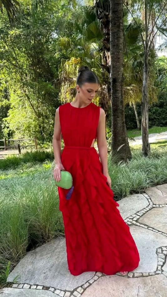 Robe de soirée en mousseline de soie rouge à col rond et taille exposée, robe de soirée pour invités de mariage, gh3098