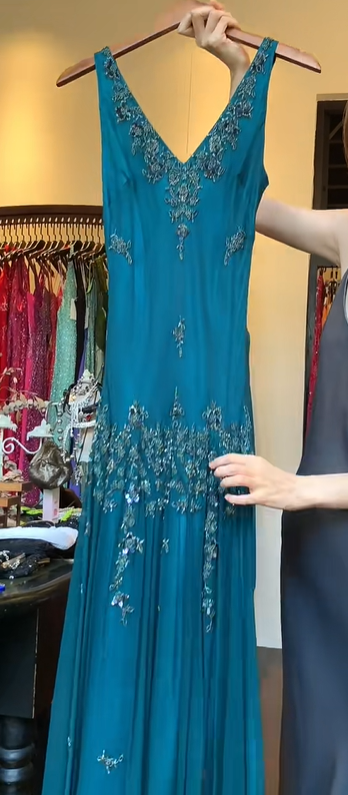 Teal Beaded Pleated Chiffon Long Evening Gown Sleeveless V Neck Prom Dress gh9845