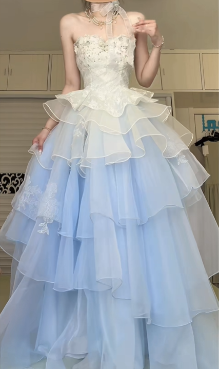 Light Blue Ombre Strapless Ball Gown, Lace Beaded Tiered Ruffle Tulle Prom Dress With Floral Embroidery for Party Banquet gh8960