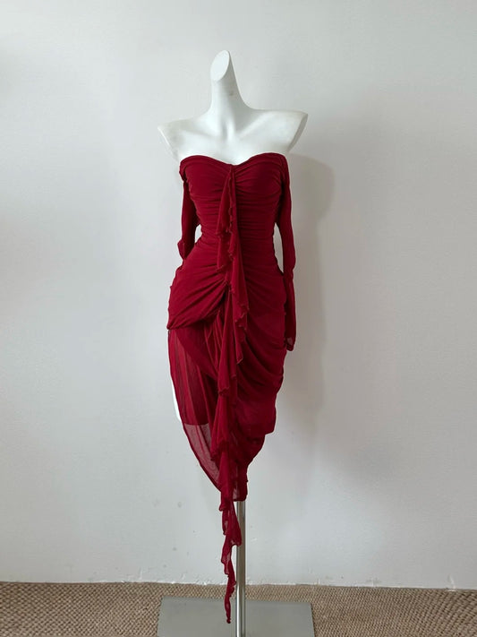 Robe de soirée courte en mousseline de soie rouge/vert olive/marron gh4481