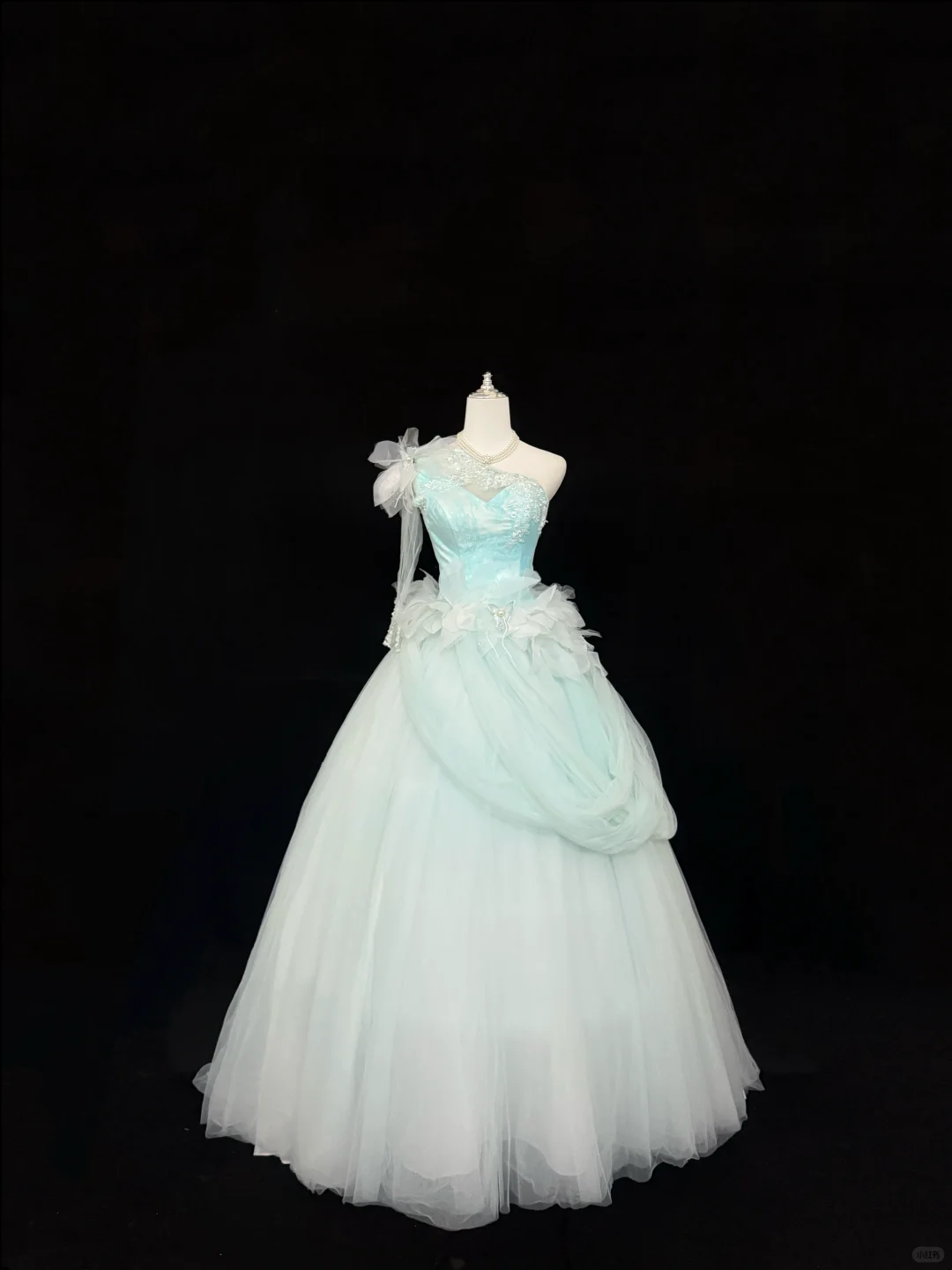 Light Blue Asymmetrical Neckline Cinched Waist Voluminous Tulle Skirt Long Romantic Dress, Wedding Gown gh7841