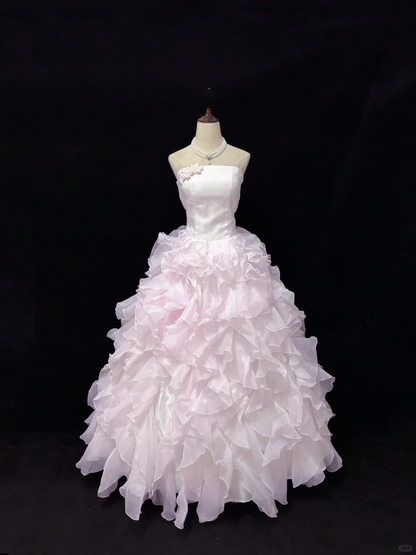 Blush Pink Strapless Cinched Waist Voluminous Wavy Princess Skirt Romantic Dress, Wedding Gown gh8061