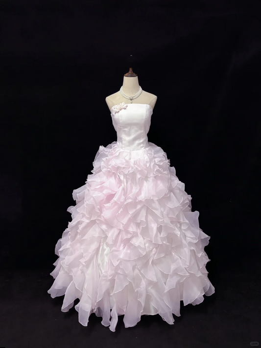 Blush Pink Strapless Cinched Waist Voluminous Wavy Princess Skirt Romantic Dress, Wedding Gown gh8061