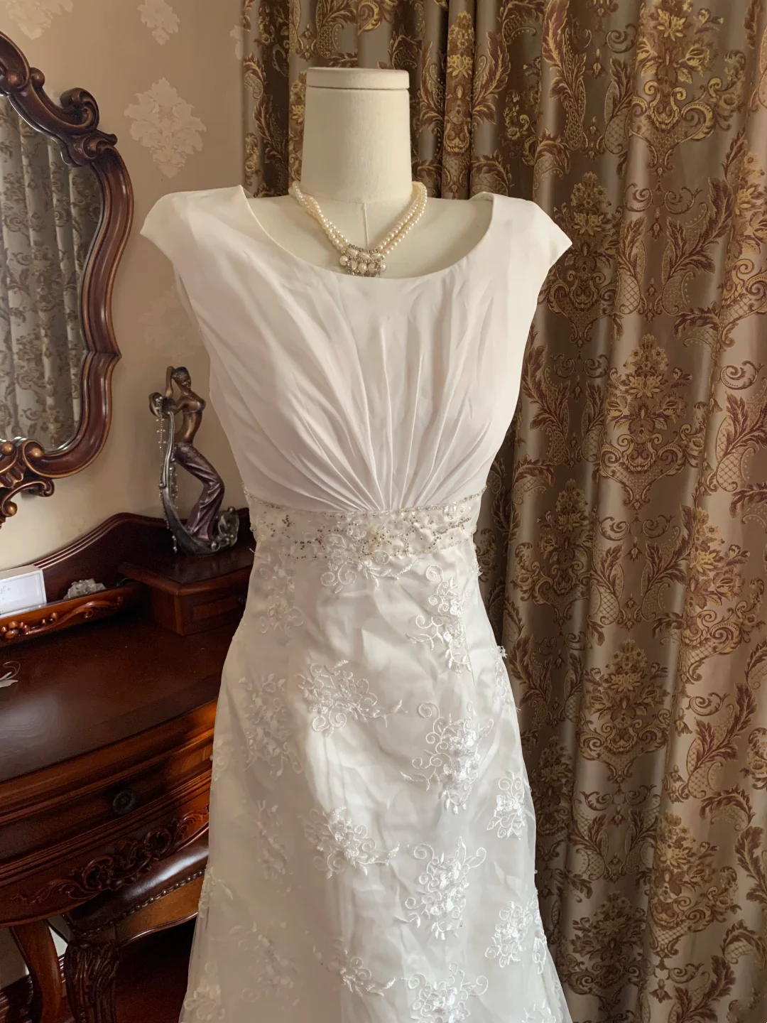 White Waist-Cinched Elegant Vintage Prom Dress, Wedding Gown gh7246