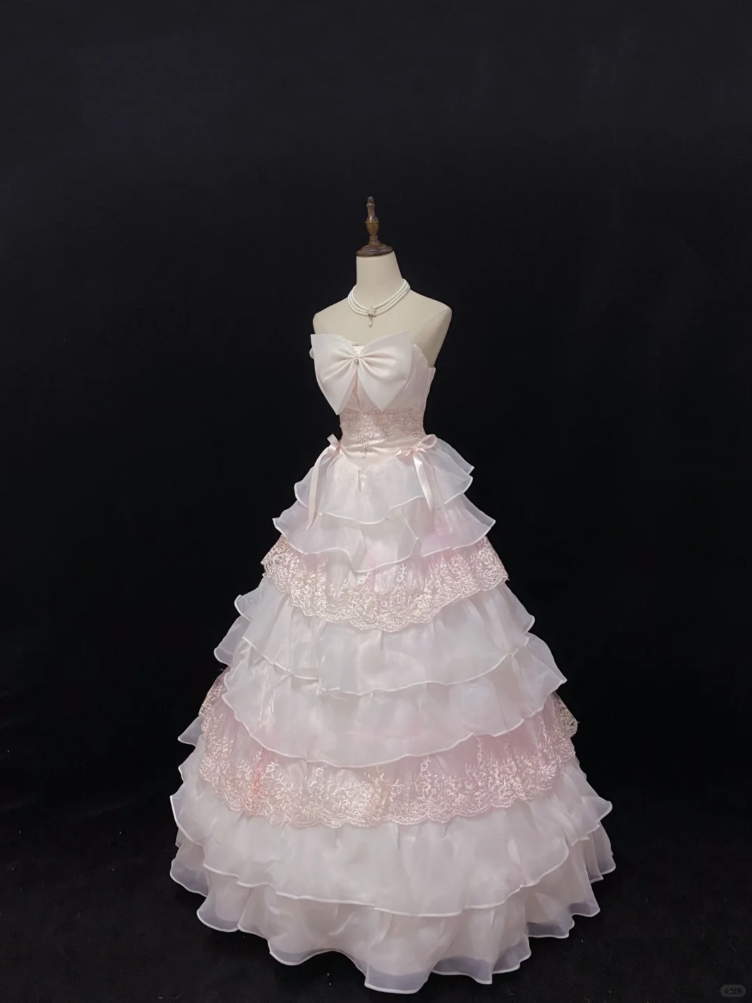 Blush Pink Strapless Romantic Gown with Bows, Cinched Waist & Fluffy Tiered Cake Skirt, Wedding Dress & Bridal Gown gh8145
