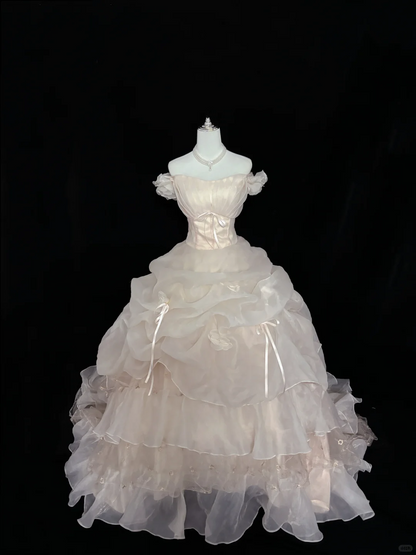 Blush Pink Off-the-Shoulder Voluminous Princess Skirt Long Vintage Romantic Dress, Wedding Gown gh8011