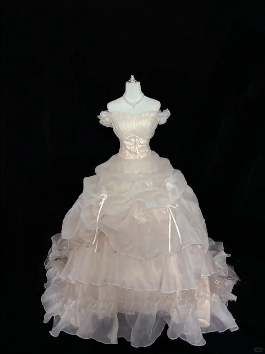 Blush Pink Off-the-Shoulder Voluminous Princess Skirt Long Vintage Romantic Dress, Wedding Gown gh8011