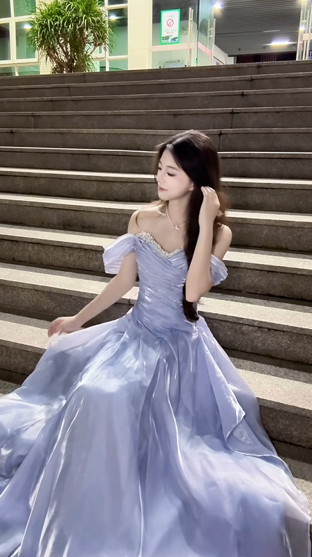 Light Purple Off-Shoulder Waist-Cinched Fitted Mermaid Long Evening Dress, Fairy Gown, Romantic Gown gh7474
