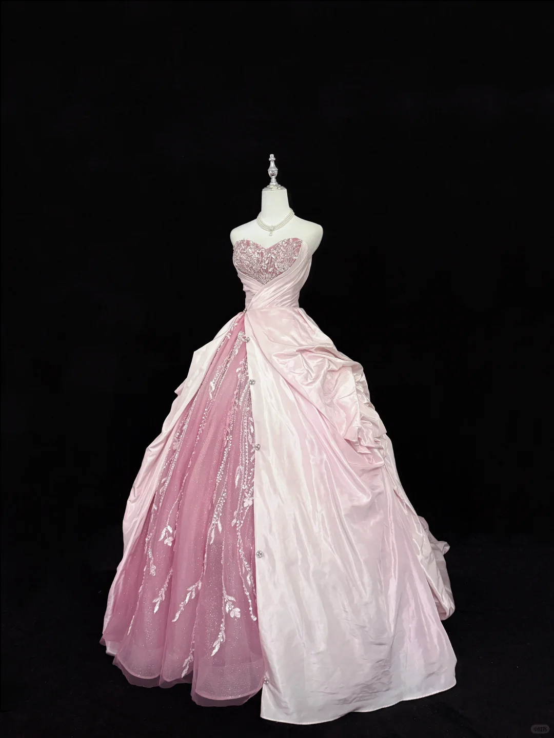 Pink Color Block Strapless Cinched Waist Voluminous Princess Skirt Long Romantic Dress, Wedding Gown gh7877
